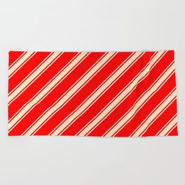 [ Thumbnail: Red & Bisque Colored Lined Pattern Beach Towel ]