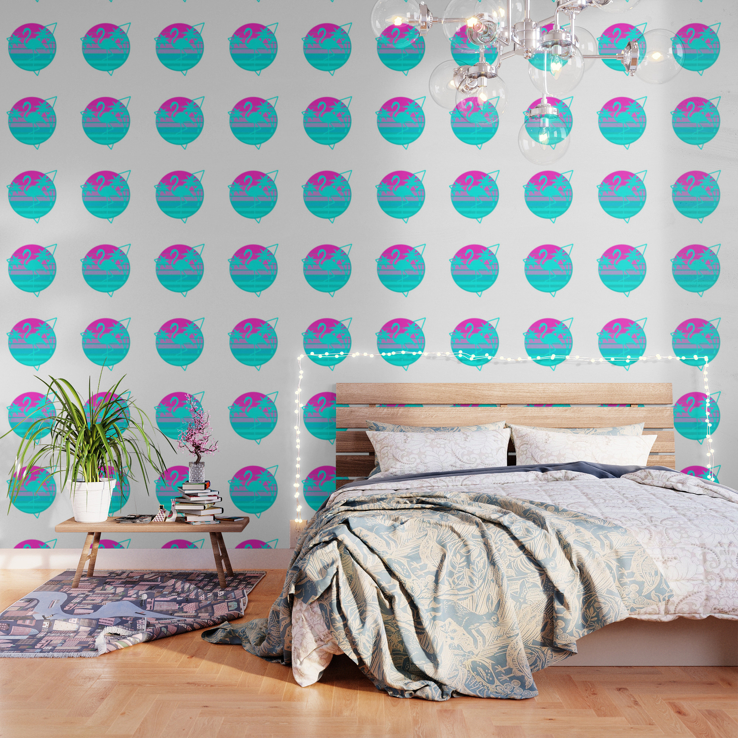 Flamingo In A Vintage 80s Beach With Palms Vaporwave Style Print