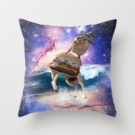 Cowboy Hamster Riding Burger In Beach Space Throw Pillow