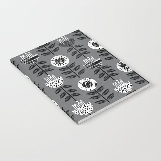 Scandi - modern flower floral pattern scandinavia design retro mid century print monochromatic grey Notebook