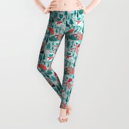 Besties // aqua background white Yeti brown Bigfoot teal and mint trees red and coral details Leggings