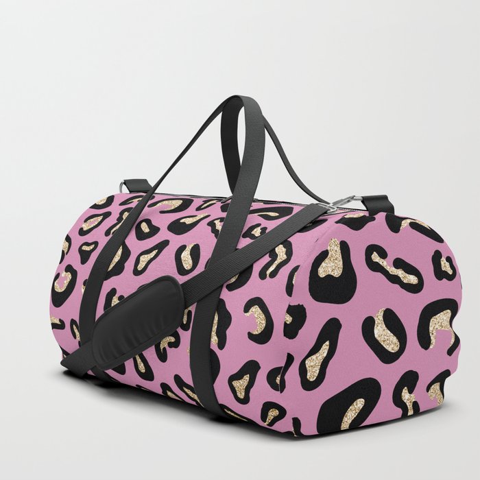 Modern Girly Pink Black Gold Glitter Animal Print Duffle Bag by