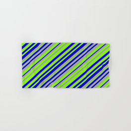 [ Thumbnail: Chartreuse, Blue, and Dark Gray Colored Lined Pattern Hand & Bath Towel ]