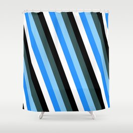 [ Thumbnail: Dark Slate Gray, Light Sky Blue, Blue, White, and Black Colored Lines Pattern Shower Curtain ]