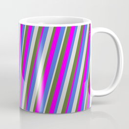 [ Thumbnail: Royal Blue, Light Grey, Dark Olive Green, and Fuchsia Colored Stripes Pattern Coffee Mug ]
