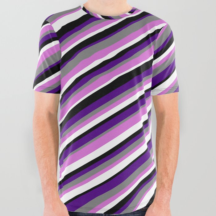 Vibrant Gray, Orchid, White, Black & Indigo Colored Stripes/Lines Pattern All Over Graphic Tee