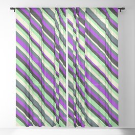 [ Thumbnail: Light Green, Light Yellow, Dark Slate Gray, Dark Violet, and Black Colored Lines/Stripes Pattern Sheer Curtain ]
