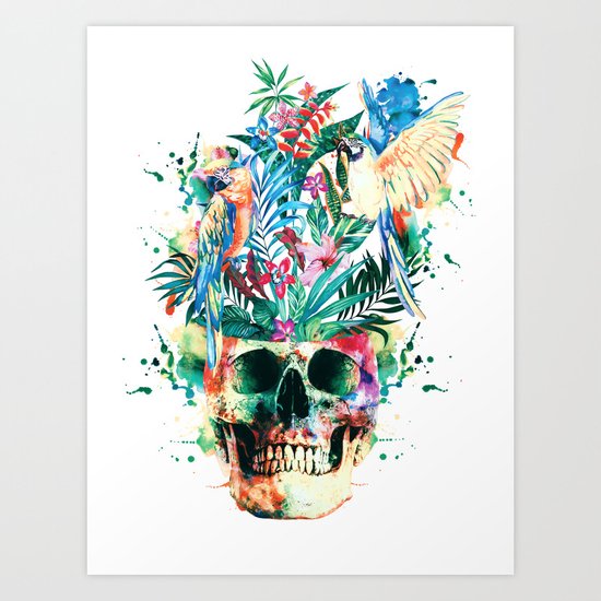 Skull - Parrots Art Print