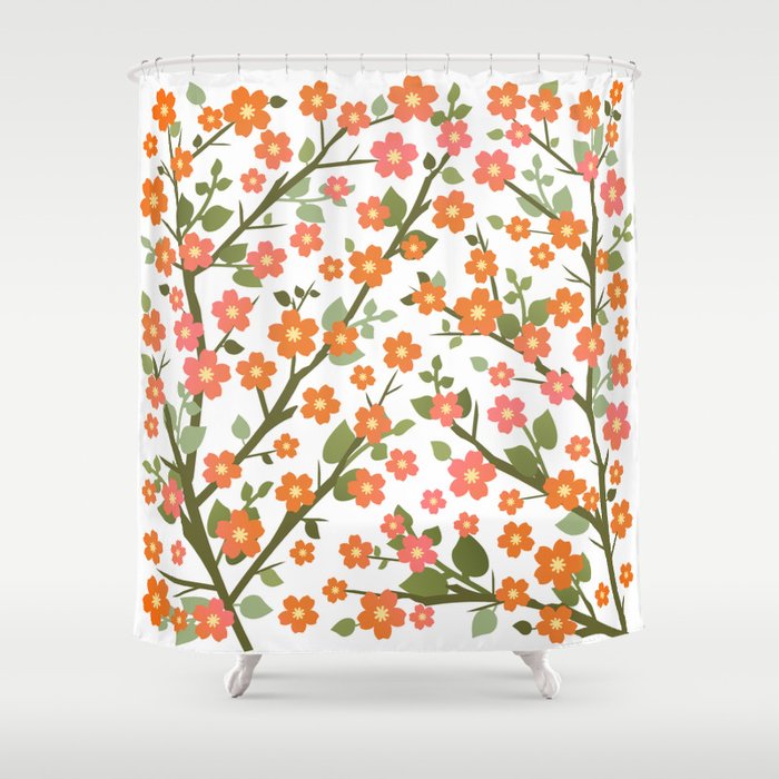 Lovely Blossoms - orange on white Shower Curtain