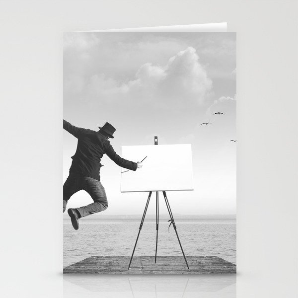 surreal black and white art painter drawing on a canvas Stationery Cards