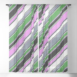 [ Thumbnail: Eye-catching Forest Green, Violet, Light Slate Gray, Black & White Colored Striped/Lined Pattern Sheer Curtain ]