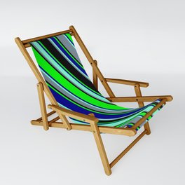 [ Thumbnail: Colorful Black, Lime, Dark Blue, Aquamarine, and Light Slate Gray Colored Lined Pattern Sling Chair ]