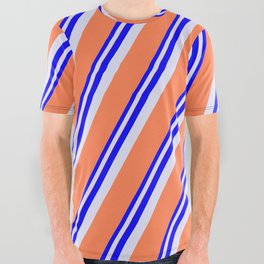 [ Thumbnail: Blue, Lavender & Coral Colored Lines/Stripes Pattern All Over Graphic Tee ]