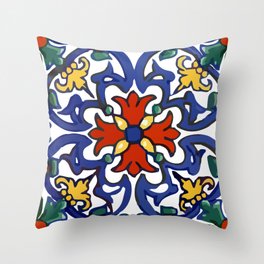 Talavera Mexican tile inspired bold design in blue, green, red, orange Throw Pillow