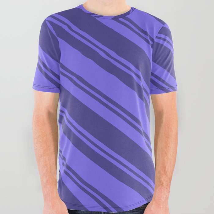 Medium Slate Blue and Dark Slate Blue Colored Lined/Striped Pattern All Over Graphic Tee