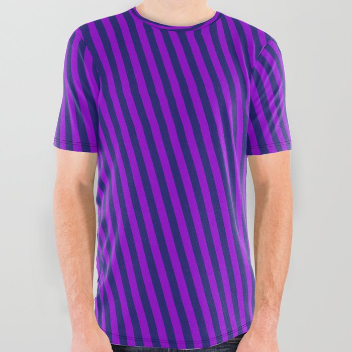 Dark Violet and Midnight Blue Colored Pattern of Stripes All Over Graphic Tee