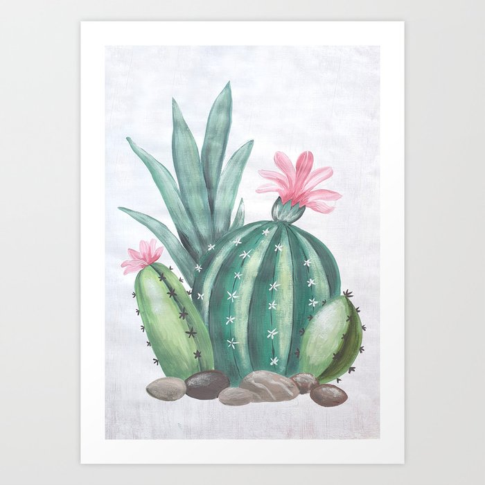 Cactus and flowers painting Art Print