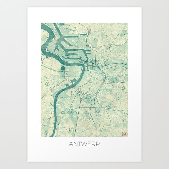 Antwerp Map Blue Vintage Art Print