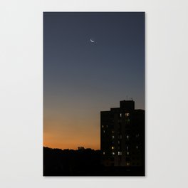 City colorful sunset with moon Canvas Print