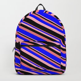 [ Thumbnail: Light Coral, Blue, Light Pink, and Black Colored Lines Pattern Backpack ]