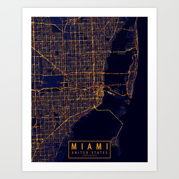 Miami, Florida, USA Map - City At Night Art Print