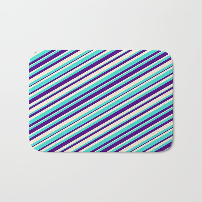 Turquoise, Indigo, and Beige Colored Lines/Stripes Pattern Bath Mat