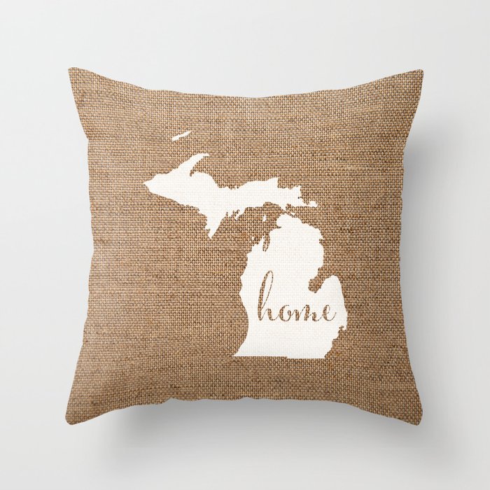 Michigan Is Home White On Burlap Throw Pillow By Yellow13design Society6