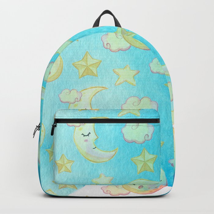 Blue yellow pink watercolor starry moon sun Backpack