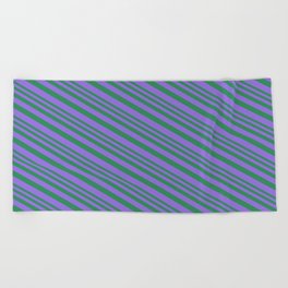 [ Thumbnail: Sea Green and Purple Colored Lined Pattern Beach Towel ]