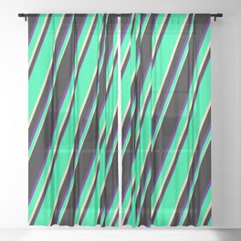 [ Thumbnail: Green, Tan, Black, and Indigo Colored Lines/Stripes Pattern Sheer Curtain ]