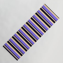 [ Thumbnail: Black, Tan, and Medium Slate Blue Colored Stripes/Lines Pattern Yoga Mat ]