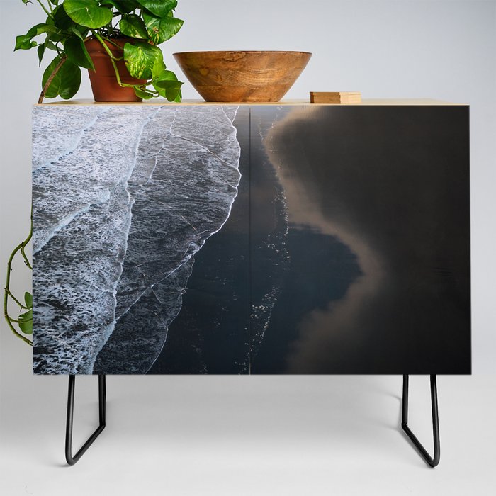 Waves on Black Sand Beach during Sunset in Iceland Credenza