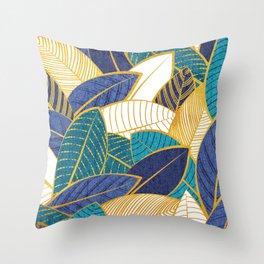 Leaf wall // navy blue royal blue and teal leaves golden lines Throw Pillow