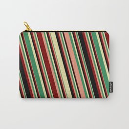 [ Thumbnail: Vibrant Pale Goldenrod, Sea Green, Dark Salmon, Maroon, and Black Colored Striped Pattern Carry-All Pouch ]