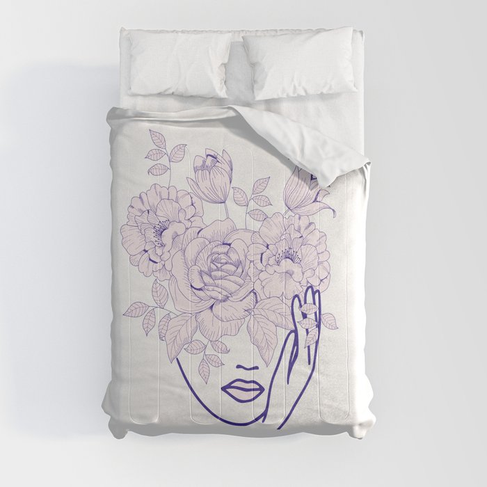Woman with Flowers Abstract Line Art Comforter
