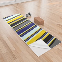 [ Thumbnail: Yellow, Light Cyan, Midnight Blue, Dim Grey & Black Colored Striped Pattern Yoga Towel ]