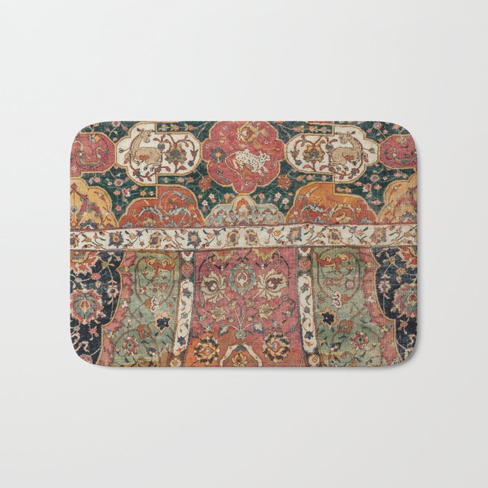 Persian Medallion Rug V // 16th Century Distressed Red Green Blue Flowery Colorful Ornate Pattern Bath Mat