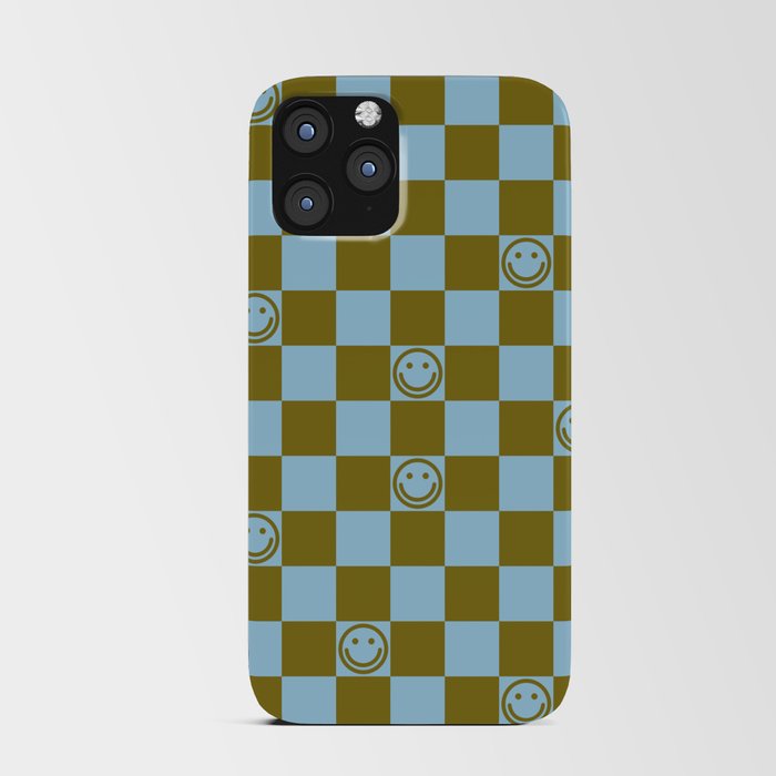 Checkered Smiley Faces \\ Autumn Grass Color & Pastel Blue iPhone Card Case