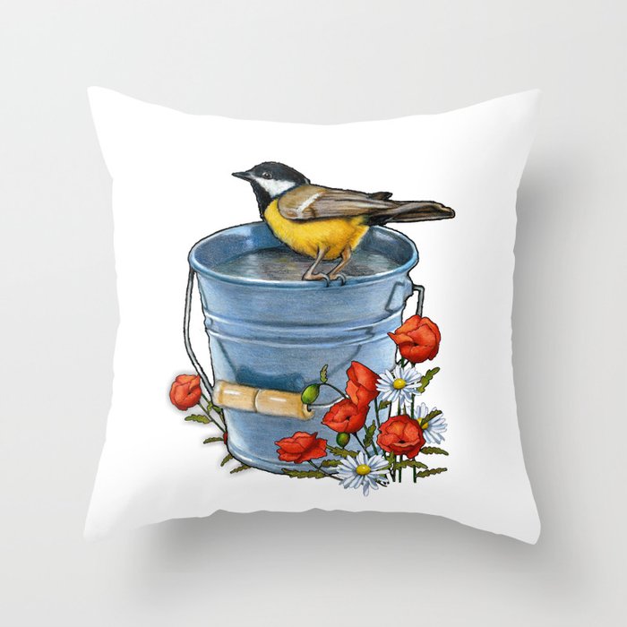 Bird on a Blue Pail with Poppies and Daisies Throw Pillow