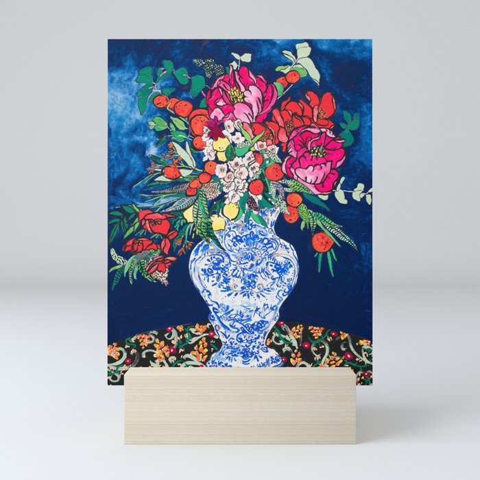 Winter Floral Peony Bouquet in Delft Vase on Dark Navy Blue Painting Mini Art Print