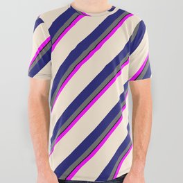 [ Thumbnail: Colorful Fuchsia, Beige, Midnight Blue, Dim Gray & Black Colored Lines/Stripes Pattern All Over Graphic Tee ]