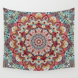 Red and teal floral mandala Wall Tapestry
