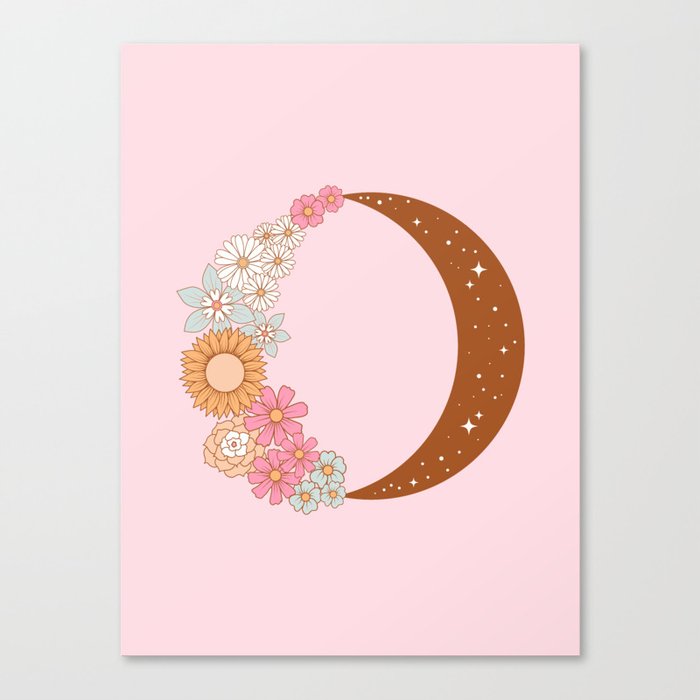Floral Moon on Pink Canvas Print
