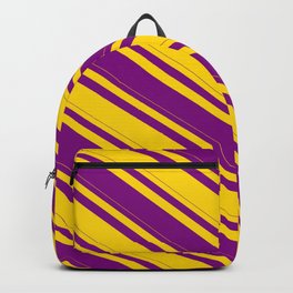 [ Thumbnail: Yellow and Purple Colored Stripes/Lines Pattern Backpack ]
