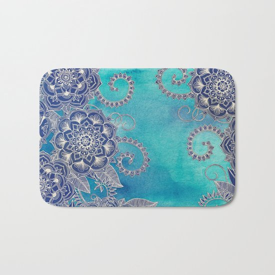 Mermaid's Garden - Navy & Teal Floral on Watercolor Bath Mat
