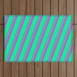 [ Thumbnail: Orchid and Green Colored Lined/Striped Pattern Outdoor Rug ]