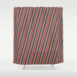 [ Thumbnail: Coral, Dark Slate Gray, Grey, and Crimson Colored Pattern of Stripes Shower Curtain ]