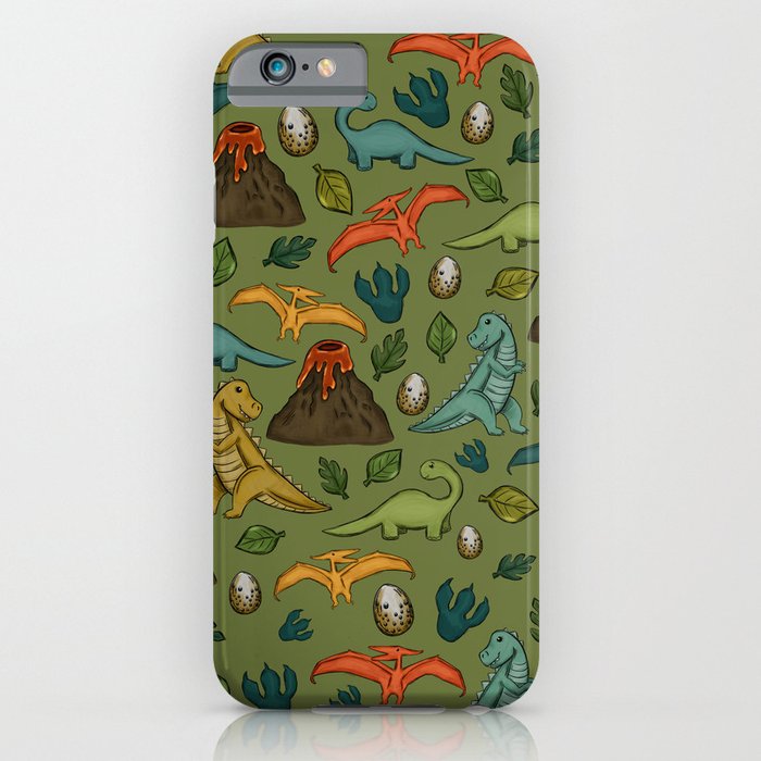 Dinosaur Print, Dino, Jurassic, Jurassic Art, Volcanos, T-Rex, Green iPhone Case