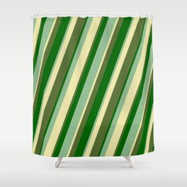 [ Thumbnail: Dark Sea Green, Pale Goldenrod, Dark Olive Green & Dark Green Colored Pattern of Stripes Shower Curtain ]