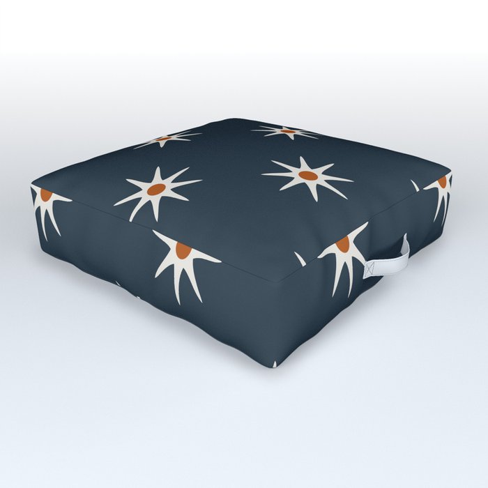 Atomic mid century retro star flower pattern in navy background Outdoor Floor Cushion